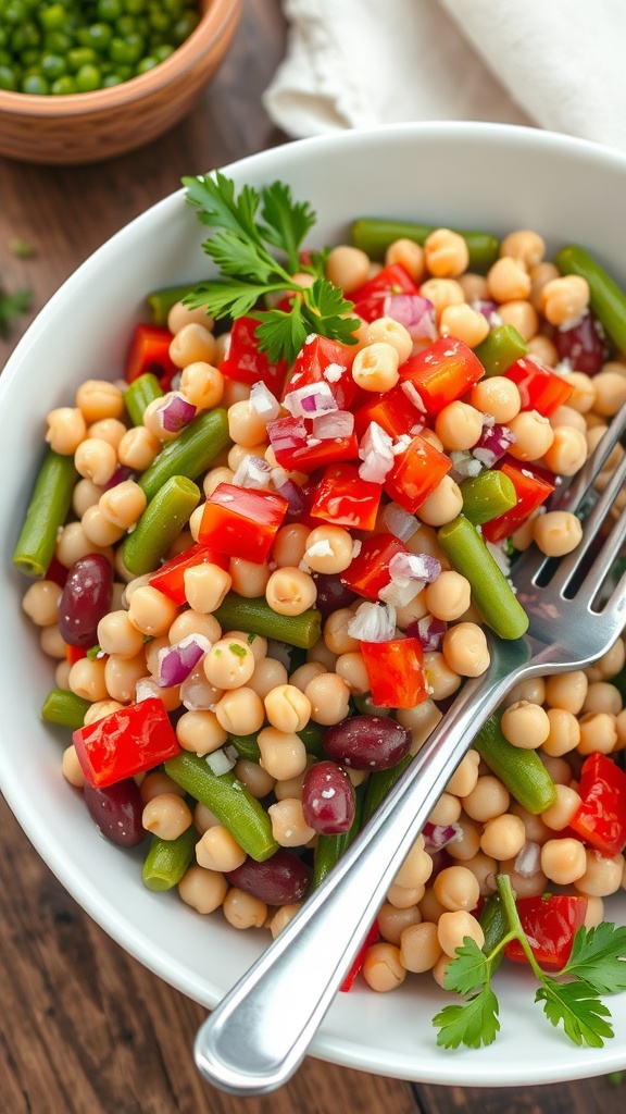 A colorful three-bean salad with kidney beans, chickpeas, and green beans in a white bowl, garnished with parsley.